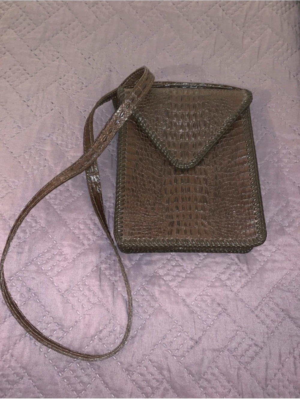 Croc-Embossed Brown Crossbody Bag